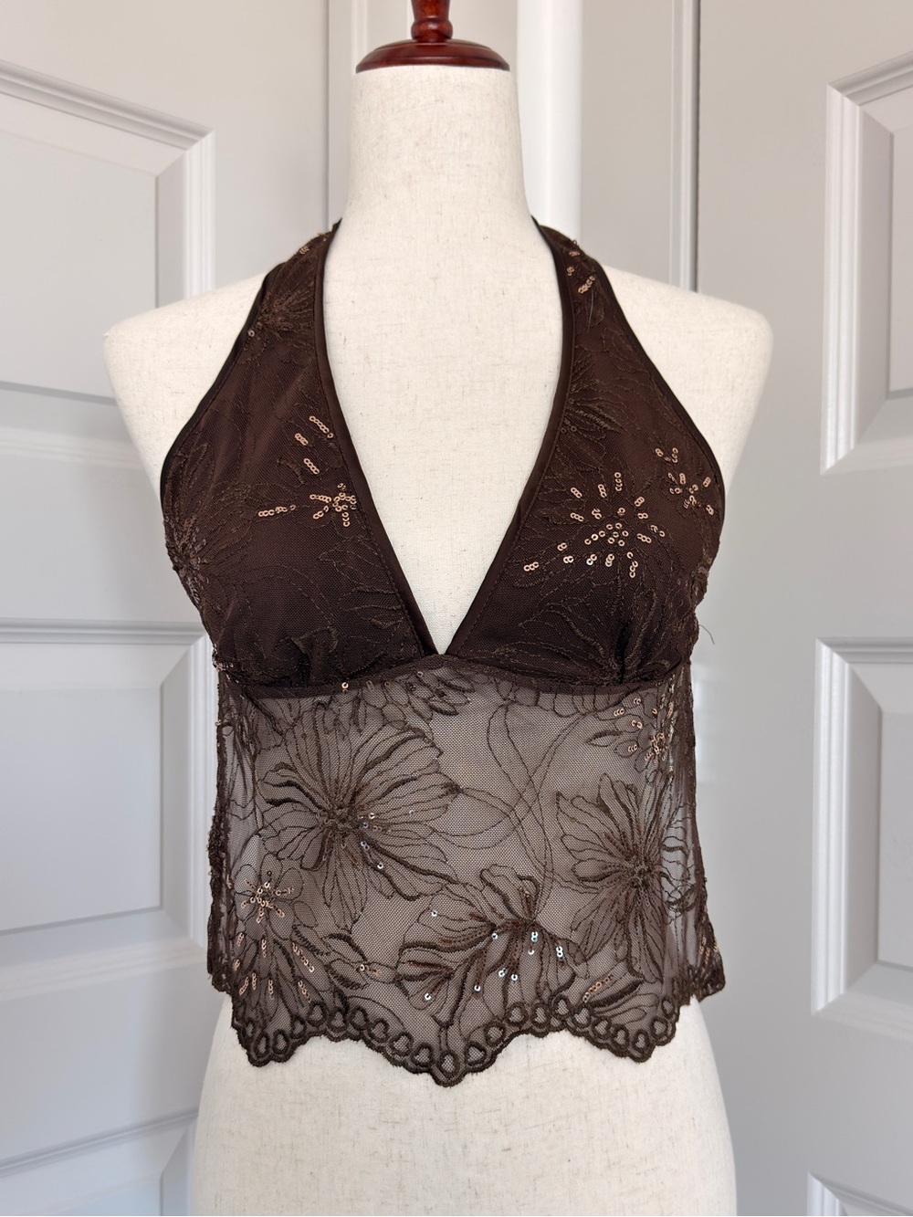 stradivarius Brown Floral Lace Halter Bandeau